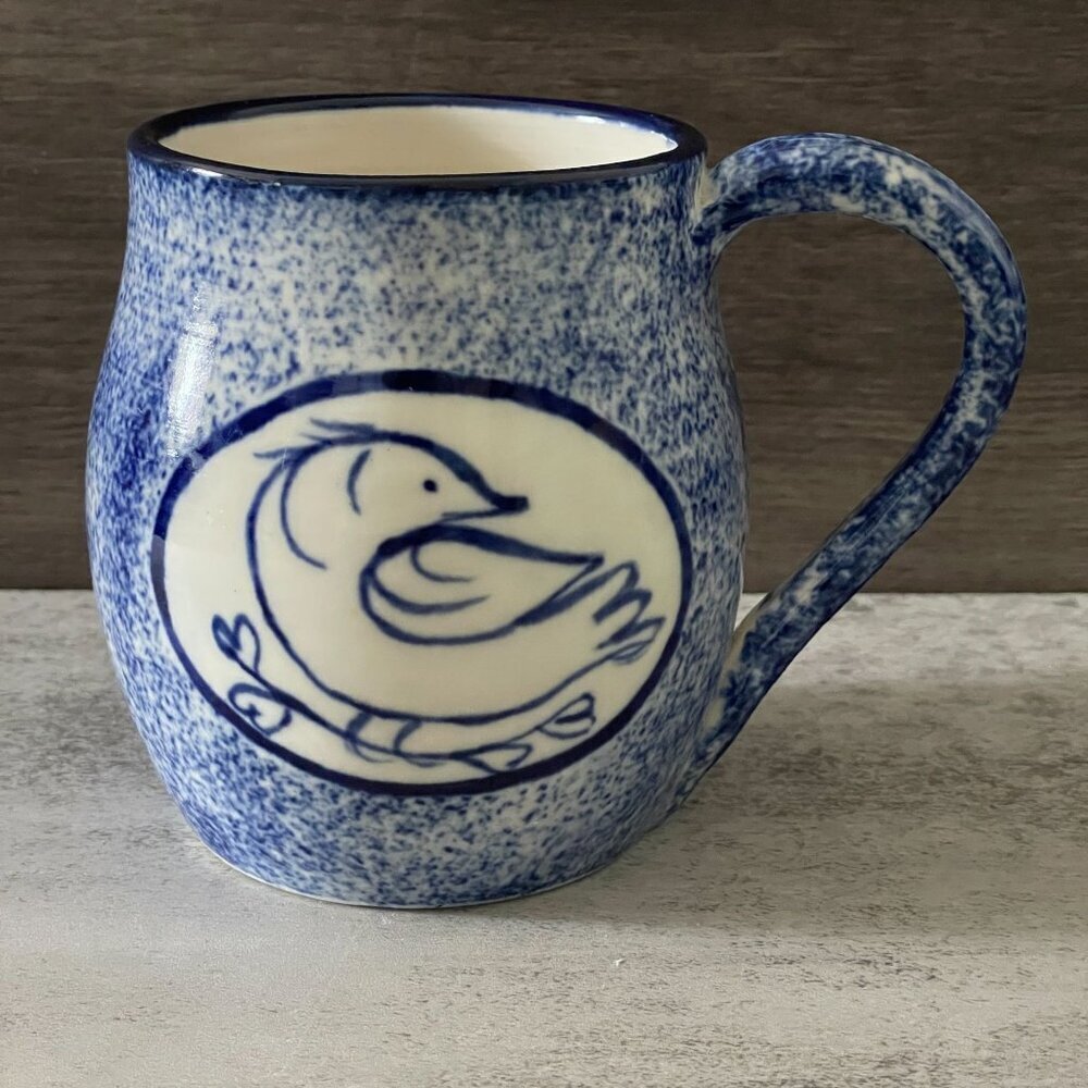 Studio Art Pottery Hand Painted Bird Motif Blue Spongeware Mug Artisan Signed